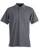 A grey men's polo shirt featuring a collar, short sleeves, and a three-button placket. It includes a logo.