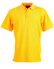 A yellow polo shirt featuring a collar, short sleeves, and three buttons. It has a logo on the chest.