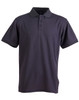 A navy blue men's polo shirt with a collar, short sleeves, and a logo on the side.