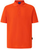 An orange polo shirt featuring a collar and short sleeves, with a logo on the front.