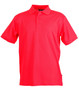 A bright red polo shirt with a collared neckline and short sleeves, featuring a logo on the chest.