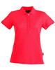 A red ladies' polo shirt with a collar and short sleeves, featuring a branding logo.