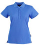 A blue ladies' polo shirt with a collar and short sleeves, featuring a logo on the side.