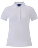 A ladies' polo shirt in white with a contrasting collar, featuring a logo.