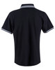 A black polo shirt with a classic collar and contrasting trim on the sleeves, featuring a logo.