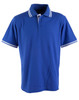A blue polo shirt with white stripes on the collar and sleeves, featuring a logo.