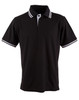A black polo shirt featuring white stripes on the collar and sleeves, with a three-button placket and a logo.