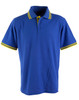 A blue polo shirt featuring yellow striped detailing on the collar and sleeves, with a logo on the chest.