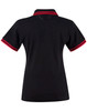 A black polo shirt with red-striped detailing on the collar and sleeves, featuring a logo.