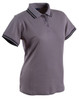 A grey ladies' polo shirt with black striped details on the collar and sleeves. It features a three-button placket and a logo.