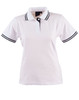 A white ladies' polo shirt with black stripes on the collar and sleeves, featuring a logo.