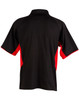 A black polo shirt with red side panels and a collar, featuring a logo on the front.