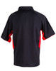 A black polo shirt with red accents, featuring a collar and short sleeves. It has a logo on the front.