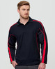 A long sleeve men's polo shirt in black with red accents and a logo.