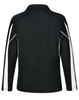 A black long sleeve polo shirt with white racing stripes on the sides and a collar. It features a logo.