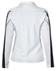 A long sleeve polo shirt in white with black detailing and a mesh back, featuring a logo.
