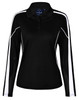A black long sleeve polo shirt with white detailing and mesh sleeves, featuring a collar and a logo.