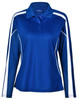 A long sleeve polo shirt in royal blue with white stripes and a collar, featuring a logo.