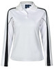 A white long sleeve polo shirt with black side accents and a collar, featuring a logo on the chest area.