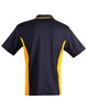 A navy and yellow Men's TrueDry Contrast short-sleeve polo shirt with a branding logo on the back.
