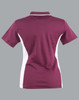 A maroon polo shirt with white contrast panels and a collar, featuring a logo on the front.