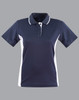 A ladies' polo shirt featuring a navy body with white contrast panels, short sleeves, and a collar.