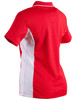 A red and white polo shirt with short sleeves, featuring a branding logo.