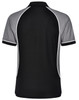 A black and grey tri-colour men's polo shirt with contrasting trim and a logo.