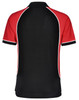 A polo shirt featuring a tri-colour design with red, black, and white accents. It includes a collar and short sleeves.