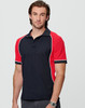 A male model wears a tri-colour short sleeve polo shirt featuring black, red, and white detailing. It has a logo.