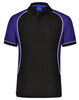 A black and purple kids' polo shirt with a collar and contrasting piping, featuring a logo on the front.