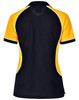 A black and yellow tri-colour polo shirt with short sleeves and a fitted design, featuring contrast piping and a logo.