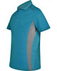 A teal and grey men's polo shirt featuring a logo, with contrast mesh detailing on the sides.