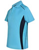 A light blue polo shirt featuring dark navy contrast panels and a logo on the chest.