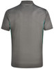 A men's short-sleeve polo shirt in grey with contrasting teal accents, featuring a collar and a logo.