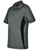 A grey kids' polo shirt with black contrast panels and a logo, featuring short sleeves and a classic collar.
