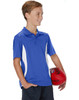 A boy wearing a blue polo shirt with white accents, holding a red football. The shirt features a logo.