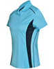 A blue and navy women's polo shirt featuring contrast panels and a logo. Short-sleeved design with a collar.