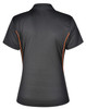 A black polo shirt with contrasting orange trim and a logo on the back.