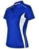 A blue and white ladies' polo shirt with contrast detailing and a collar, featuring a logo on the chest.