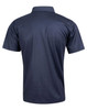 A navy blue polo shirt with a smooth finish, featuring a collared neck and short sleeves. Includes a logo.