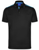 A black short sleeve polo shirt featuring contrast blue stripes and a logo on the collar.