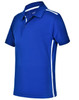A blue short sleeve polo shirt with white contrast detailing and a logo on the chest.