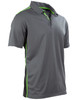 A grey short sleeve polo shirt features green contrast detailing and includes a logo.