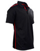 A black polo shirt with red contrast stripes and a collar, featuring a logo. Short sleeves and a sporty design.
