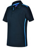 A navy polo shirt with short sleeves featuring blue contrast detailing and a logo.