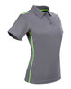 A grey ladies' short sleeve polo shirt featuring contrast green side detailing and a collar. It has a logo on it.
