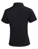 A black short sleeve polo shirt featuring a collar and a logo on the back.