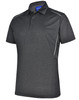 A men's short sleeve polo shirt in dark grey, featuring piping details and a logo.