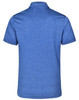 A blue short sleeve polo shirt with a textured finish and a logo on the back.